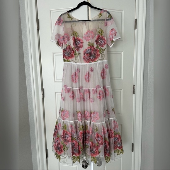 Marchesa Notte Tiered Embroidered Tulle Midi Dress - Picture 4 of 12